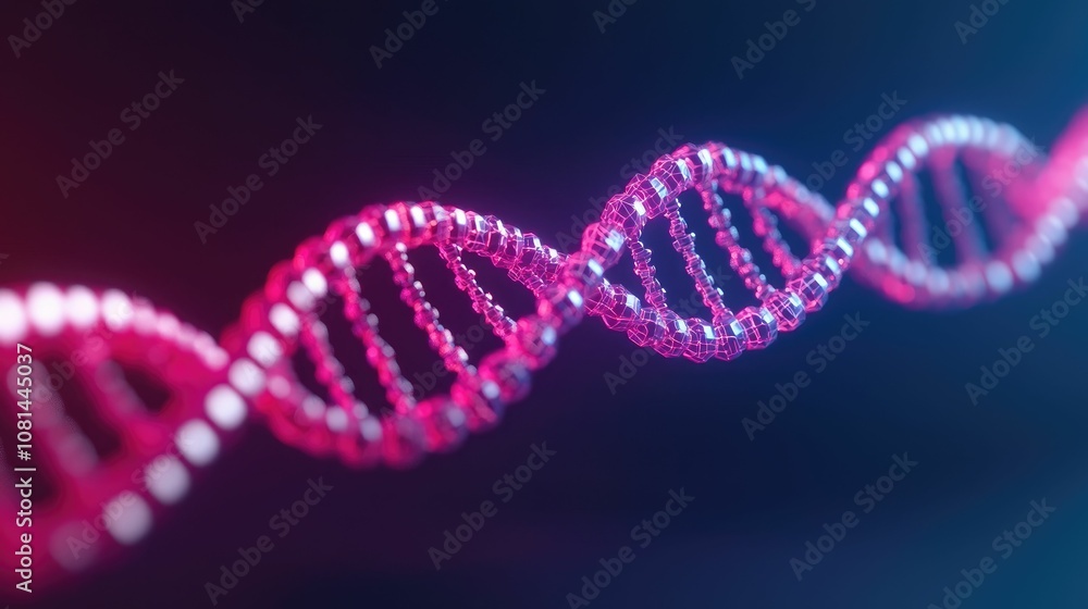 biotechnology and genetics concept, A close-up of a glowing DNA double helix structure showcasing intricate details in vibrant pink against a dark background. biotechnology and genetics concept, A close-up of a glowing DNA double helix structure showcasing intricate details in vibrant pink against a dark background.