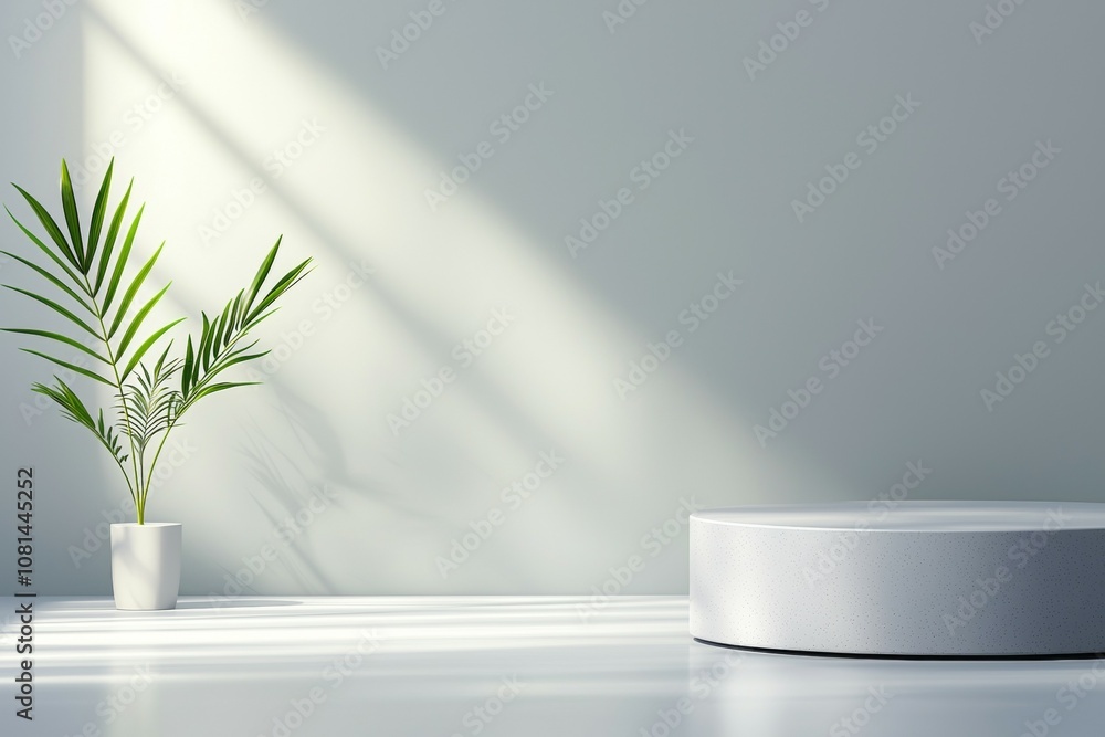 A white wall with a plant in a white pot and a white pedestal A white wall with a plant in a white pot and a white pedestal