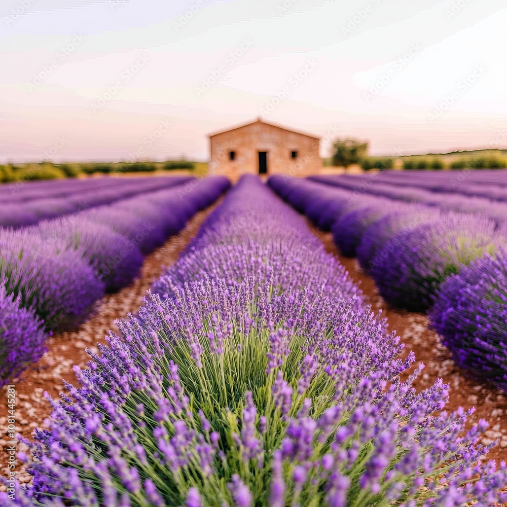 Obraz premium Rows of lavender flowers in a field with a small house in the background.