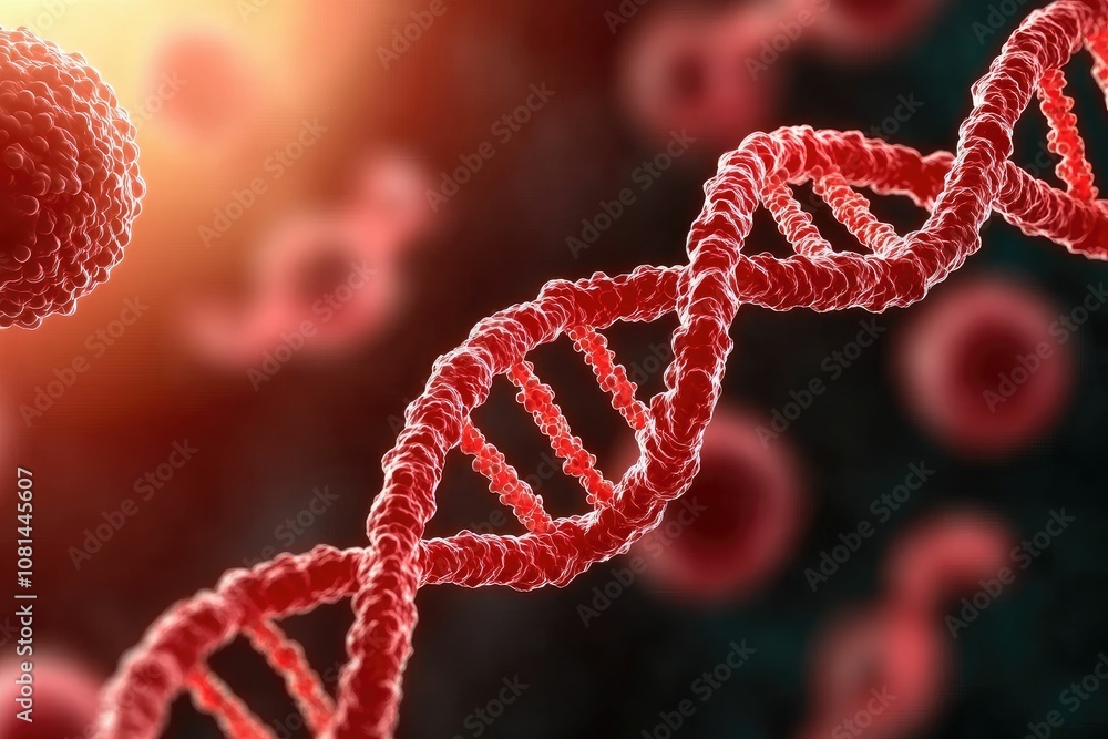 biotechnology and genetics concept, A close-up of a red DNA double helix, symbolizing genetics, biology, and molecular structures, against a soft-focus background. biotechnology and genetics concept, A close-up of a red DNA double helix, symbolizing genetics, biology, and molecular structures, against a soft-focus background.