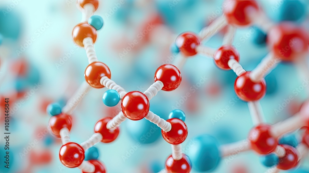 biotechnology and genetics concept, A close-up view of a molecular structure showcasing vibrant red and blue spheres connected by bonds, representing atoms and chemical interactions. biotechnology and genetics concept, A close-up view of a molecular structure showcasing vibrant red and blue spheres connected by bonds, representing atoms and chemical interactions.