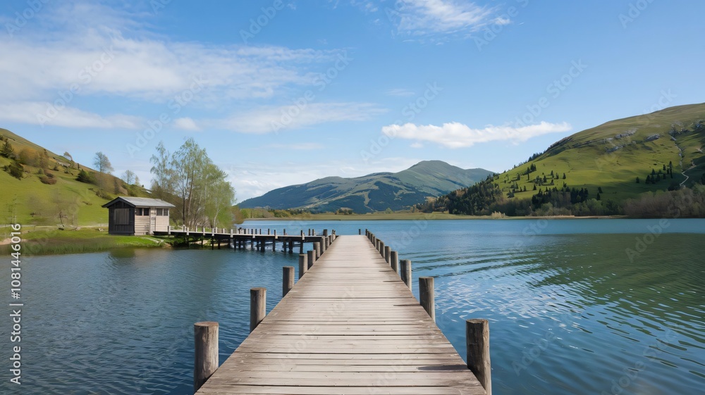 Calm lakeside scene with a wooden pier and mountains in the background Calm lakeside scene with a wooden pier and mountains in the background