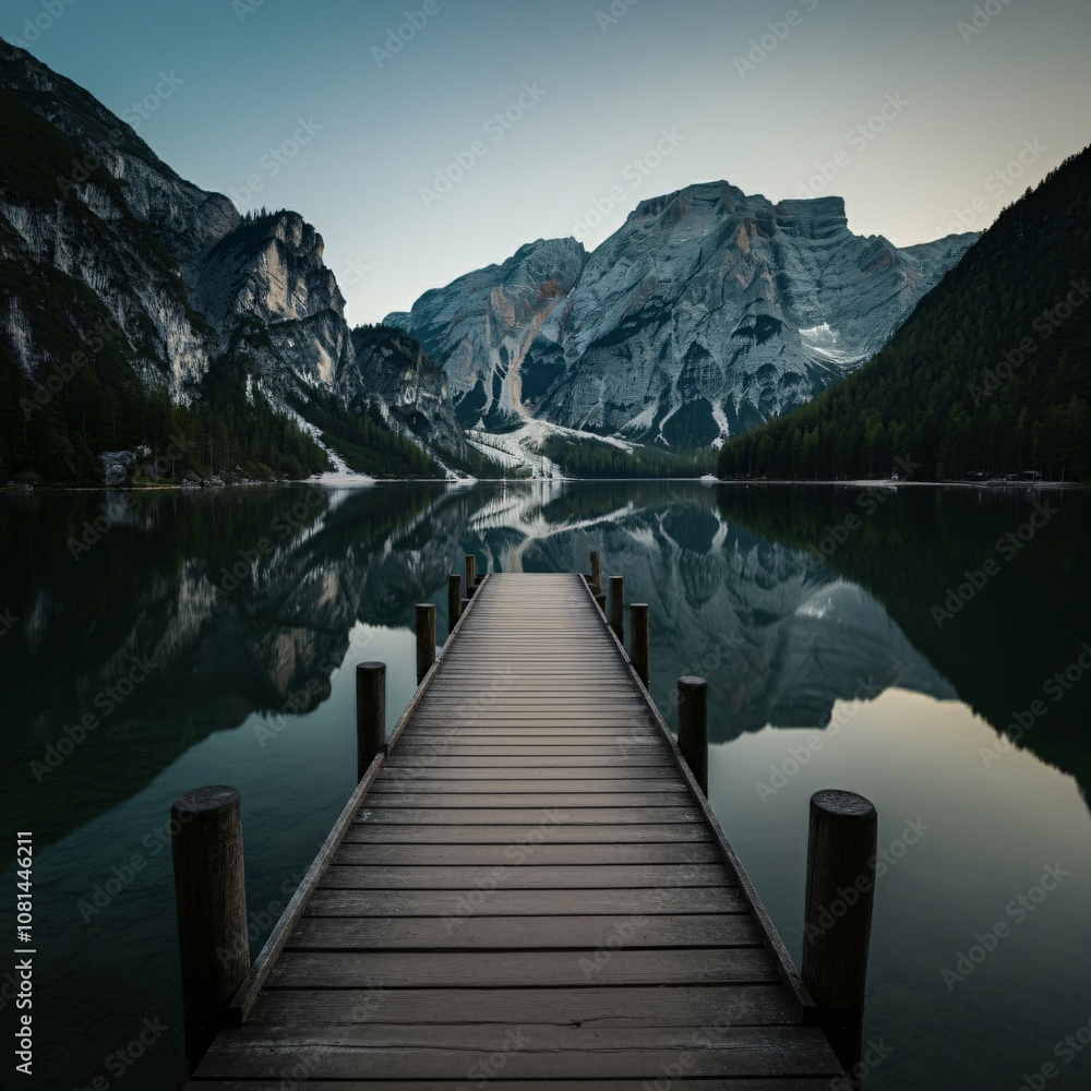 Calm lakeside scene with a wooden pier and mountains in the background Calm lakeside scene with a wooden pier and mountains in the background