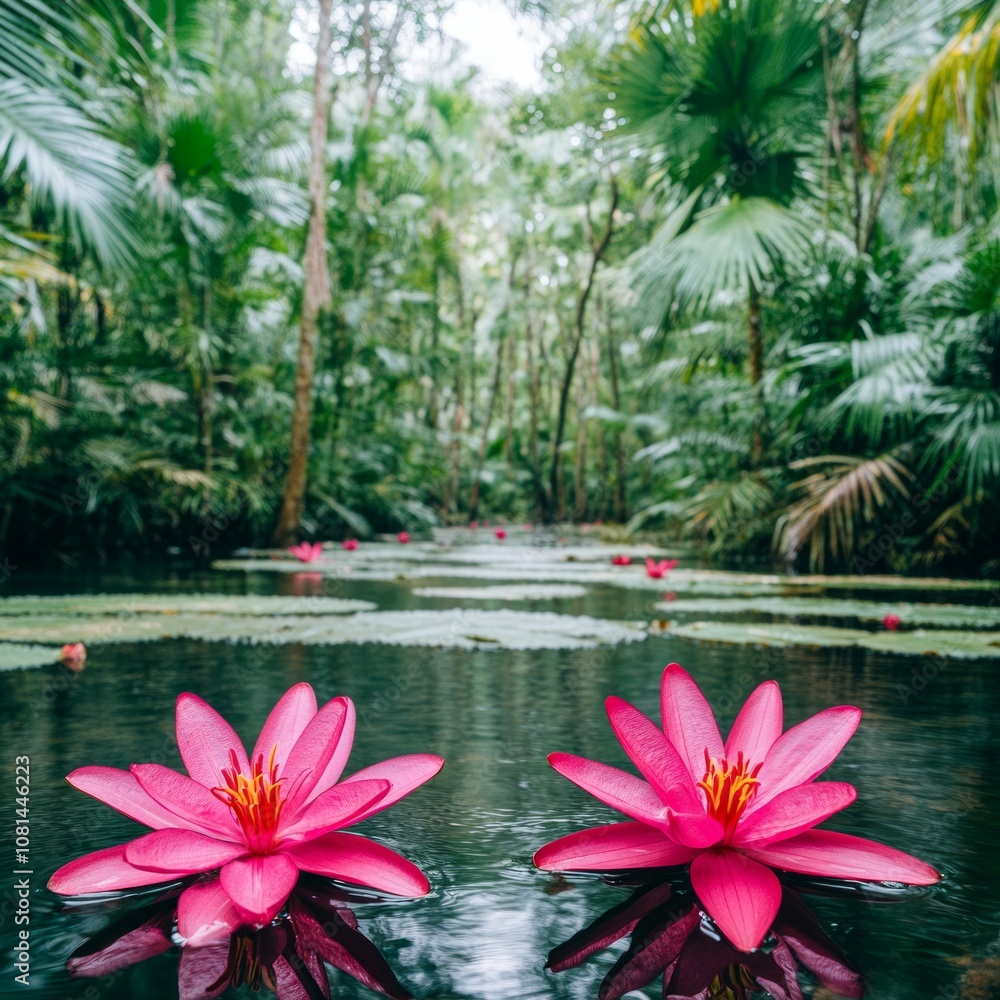 Two pink water lilies bloom in a tranquil pond surrounded by lush tropical foliage. Two pink water lilies bloom in a tranquil pond surrounded by lush tropical foliage.