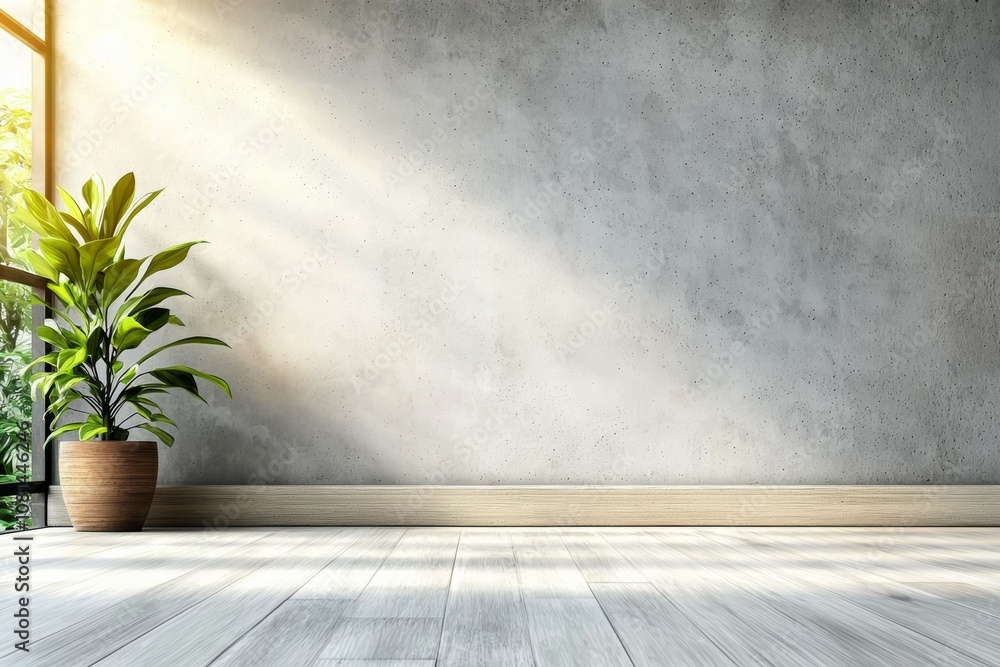 A large empty room with a large window and a potted plant A large empty room with a large window and a potted plant
