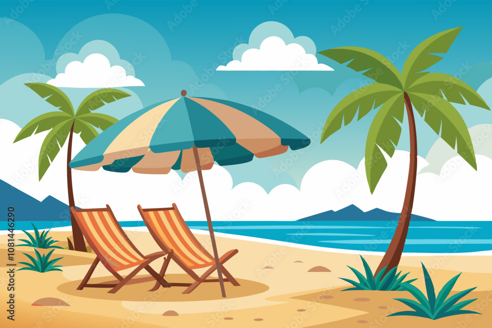 Canvas chairs with parasol on a beautiful beach Canvas chairs with parasol on a beautiful beach