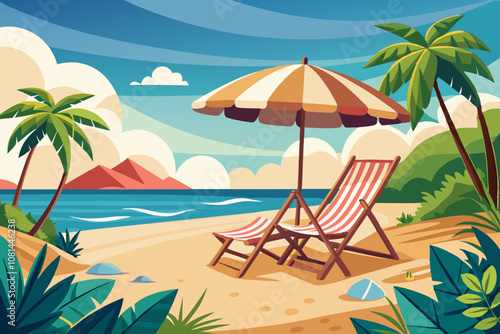 Canvas chairs with parasol on a beautiful beach