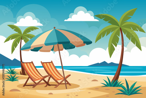 Canvas chairs with parasol on a beautiful beach