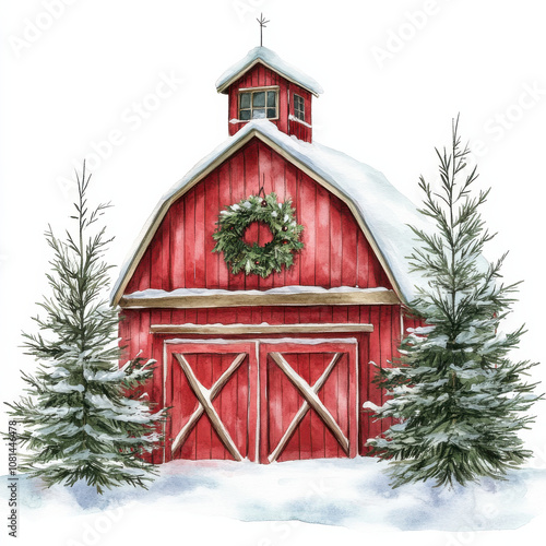 charming red barn adorned with wreath, surrounded by snow covered evergreen trees, creating cozy winter scene