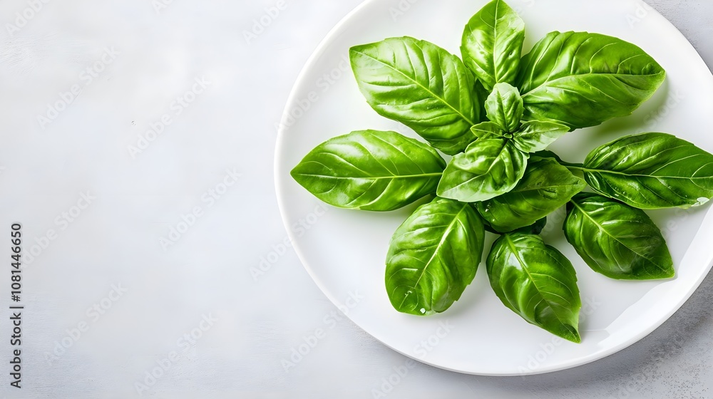 Fresh Basil Leaves on Plate Fresh Basil Leaves on Plate