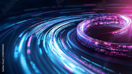 swirling vortex of colorful data streams creates dynamic visual effect, showcasing vibrant blue and pink light trails. This abstract representation symbolizes technology and information flow