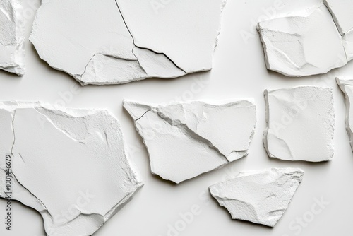 The image is of a white rock wall with many broken pieces