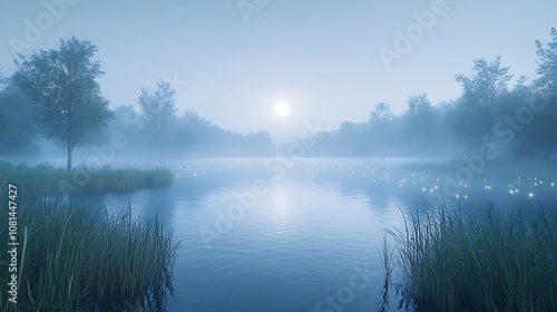 Generative AI Image of Misty River with Glowing Fireflies in the Forest during Full Moon