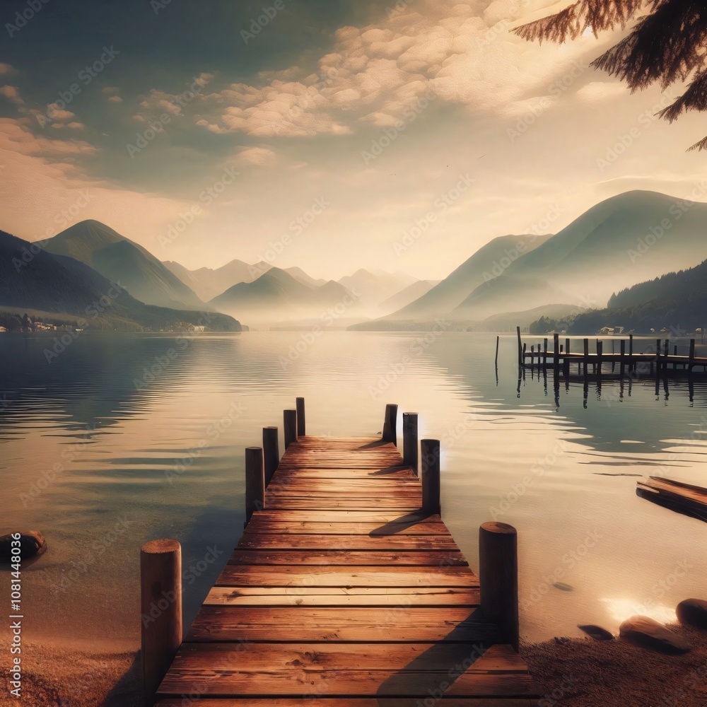Fototapeta premium Calm lakeside scene with a wooden pier and mountains in the background
