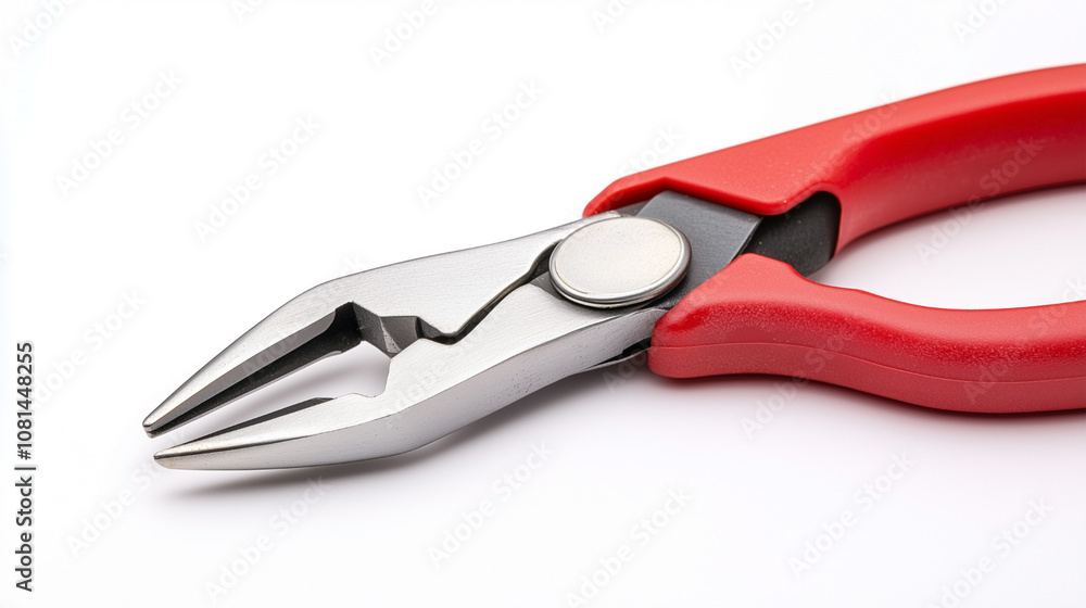 A pair of pliers with a silver handle and a red grip A pair of pliers with a silver handle and a red grip