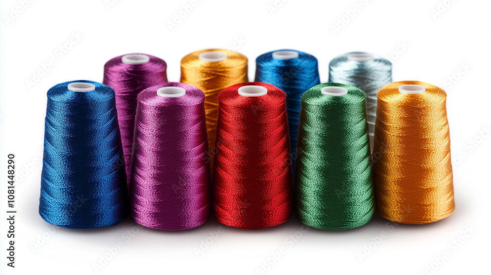 A row of colorful spools of thread A row of colorful spools of thread
