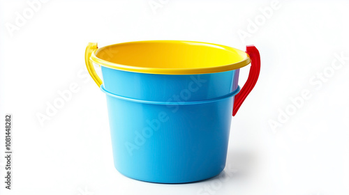 A blue and yellow bucket with red handles