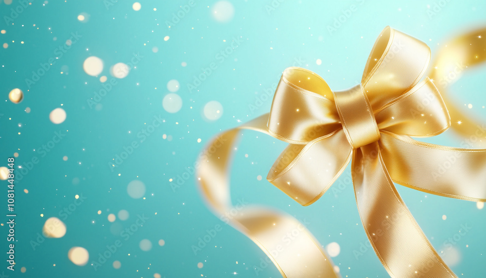 Golden Ribbon Bow with Sparkles on Aqua Background Golden Ribbon Bow with Sparkles on Aqua Background