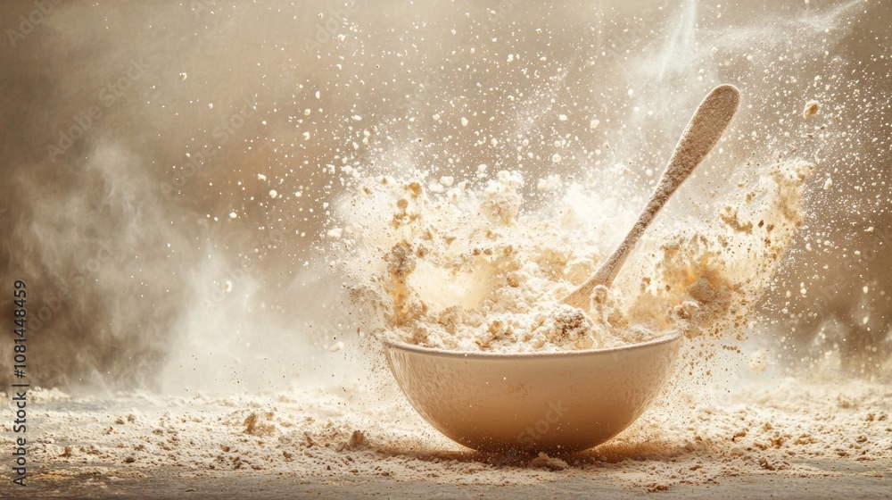 Explosive flour splash from bowl with spoon Explosive flour splash from bowl with spoon