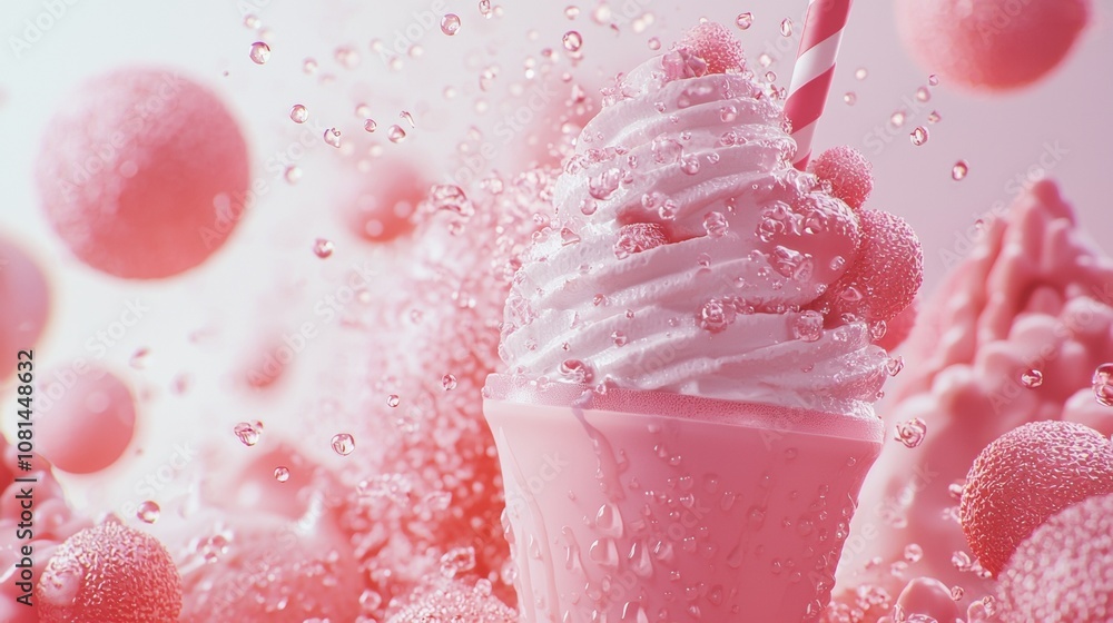 Pink creamy dessert with water droplets and spheres Pink creamy dessert with water droplets and spheres