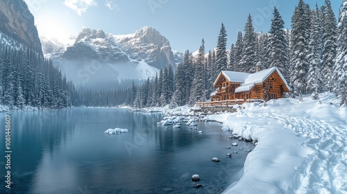 A wooden cabin sits on a snowy lakeshore, surrounded by a forest and a mountain range in the distance.