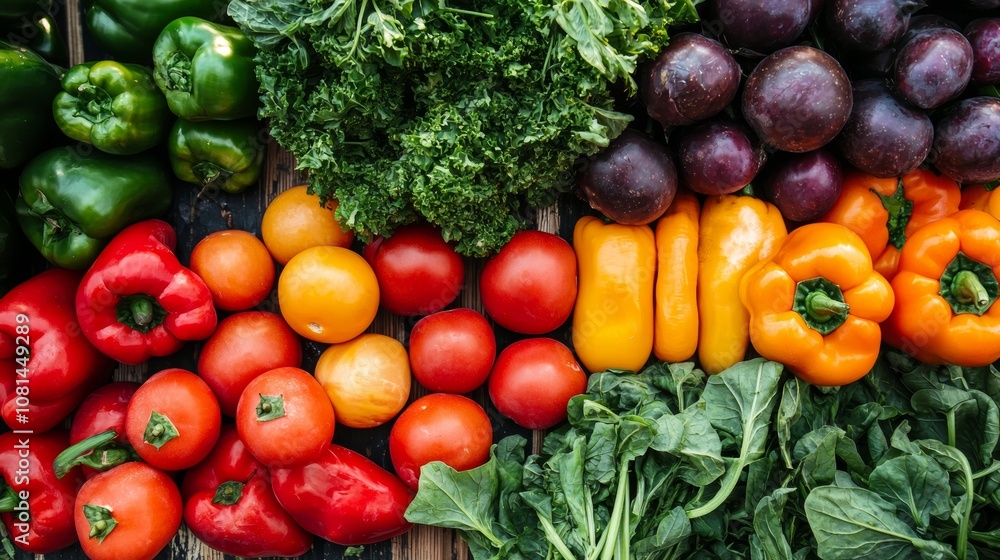 Variety of fresh vegetables in a colorful display Variety of fresh vegetables in a colorful display