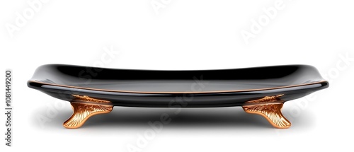 Elegant black ceramic plate with golden trim displayed on a simple minimalist background  Showcasing the modern high end design of this premium tableware piece in a studio setting