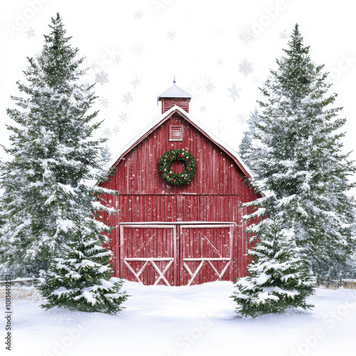 red barn surrounded by snow covered trees, adorned with wreath, creates serene winter scene. Snowflakes gently fall, enhancing peaceful atmosphere