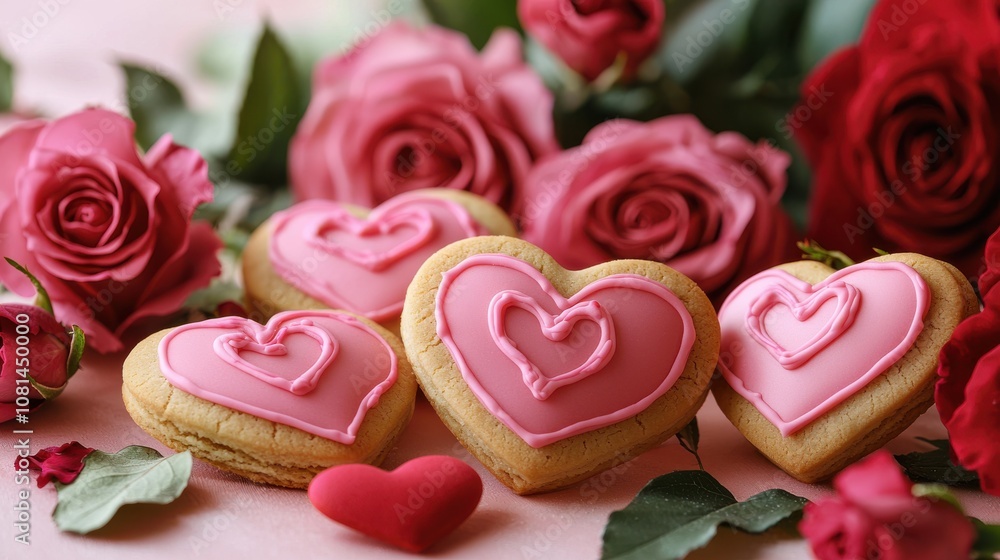Creating romantic heart-shaped cookies for valentine's day celebrations kitchen food photography cozy atmosphere elegant arrangement of treats Creating romantic heart-shaped cookies for valentine's day celebrations kitchen food photography cozy atmosphere elegant arrangement of treats