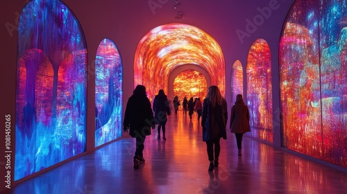 People walk through a colorful, digital art tunnel.