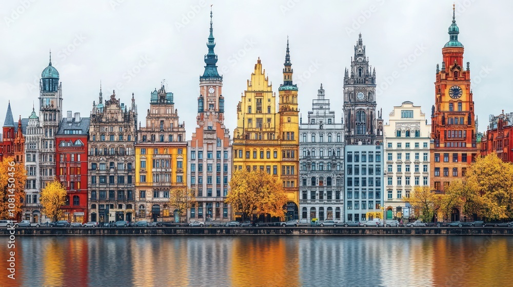 Fototapeta premium Scenic view of colorful historical buildings by a river.