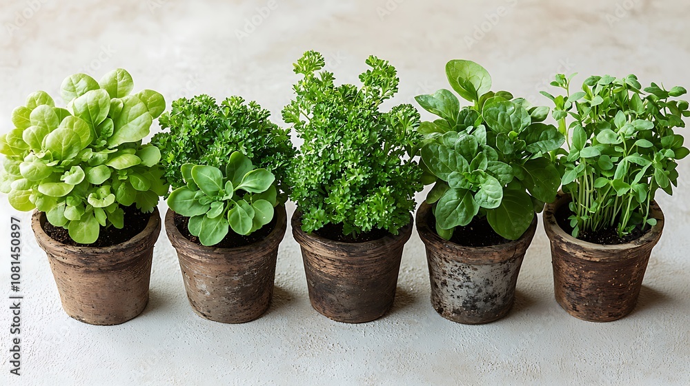 Fresh Green Herbs in Terracotta Pots Fresh Green Herbs in Terracotta Pots