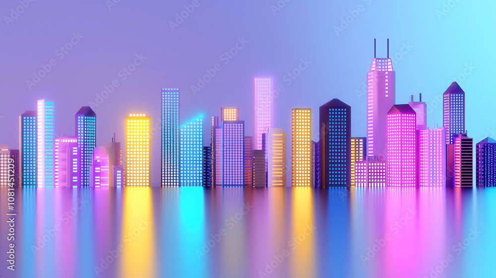 vibrant city skyline featuring colorful skyscrapers illuminated at night, reflecting on water. scene captures futuristic urban atmosphere with bright lights vibrant city skyline featuring colorful skyscrapers illuminated at night, reflecting on water. scene captures futuristic urban atmosphere with bright lights