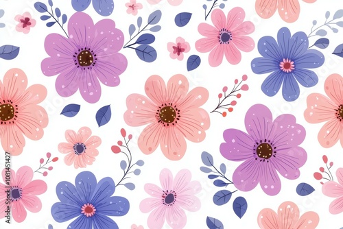 A floral pattern with pink and blue flowers