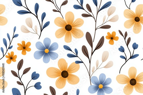 A colorful floral pattern with blue, yellow, and white flowers