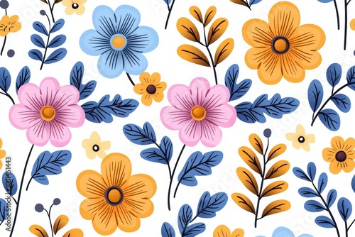 A colorful floral pattern with blue, pink, and yellow flowers