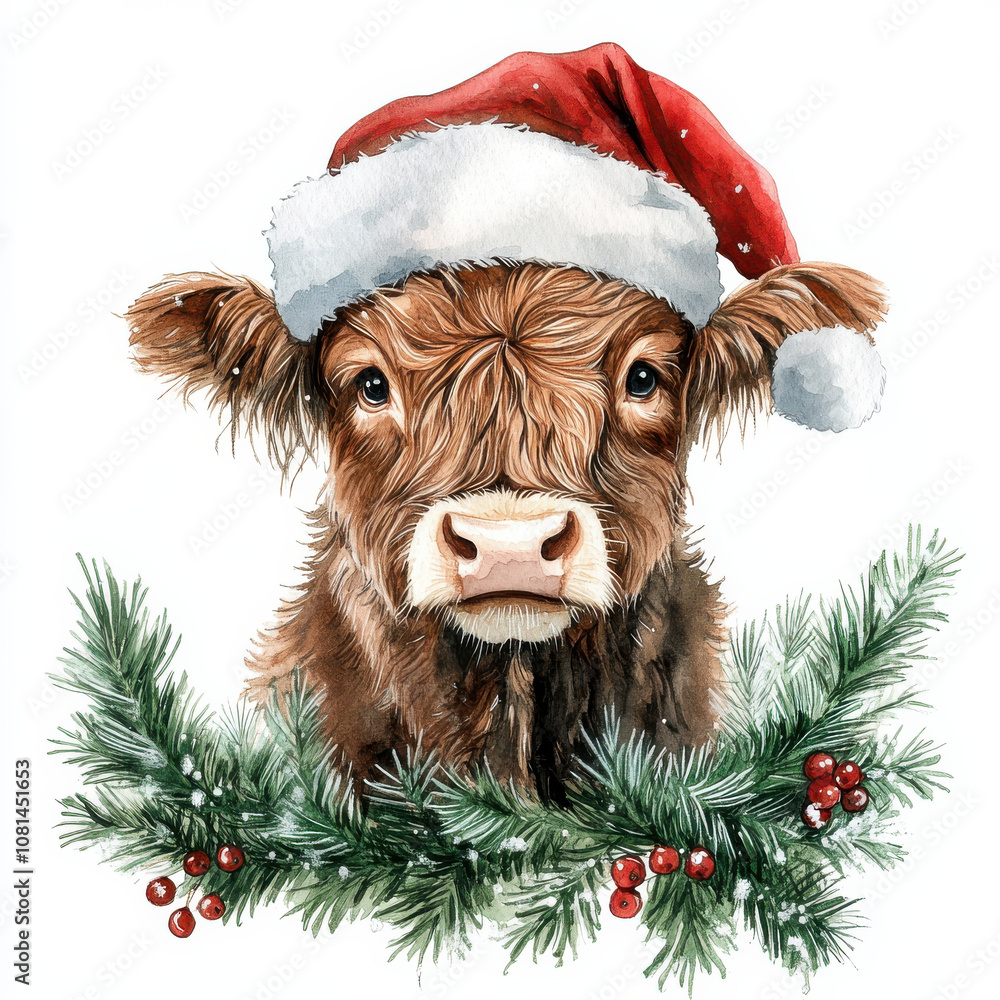 Cute cow wearing Santa hat surrounded by festive greenery and berries, perfect for holiday decorations and cards Cute cow wearing Santa hat surrounded by festive greenery and berries, perfect for holiday decorations and cards