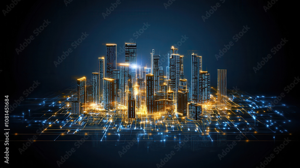 Fototapeta premium vibrant 3D isometric cityscape featuring smart grid design with glowing buildings and interconnected lines, showcasing futuristic urban environment