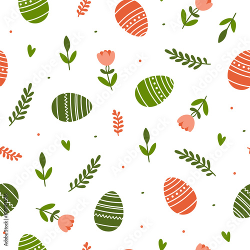 Seamless pattern of Easter eggs and flowers. Pattern with rabbits, wild flowers and clouds.	
