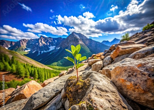 Young Sprout Growing in Mountainous Terrain Symbolizing Nature's Rebirth and Hope, Showcasing Resilience Amidst Harsh Conditions, Panoramic Landscape of Natureâ€™s Beauty