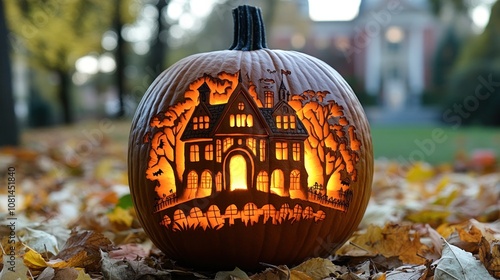 A carved pumpkin shaped like a spooky haunted house with a glowing window, surrounded by fall leaves. photo