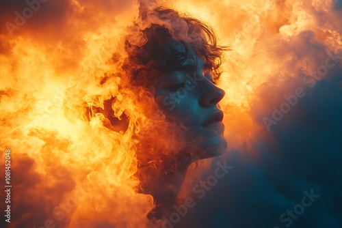 Abstract portrait of a woman engulfed in flames, representing strength, passion, and resilience