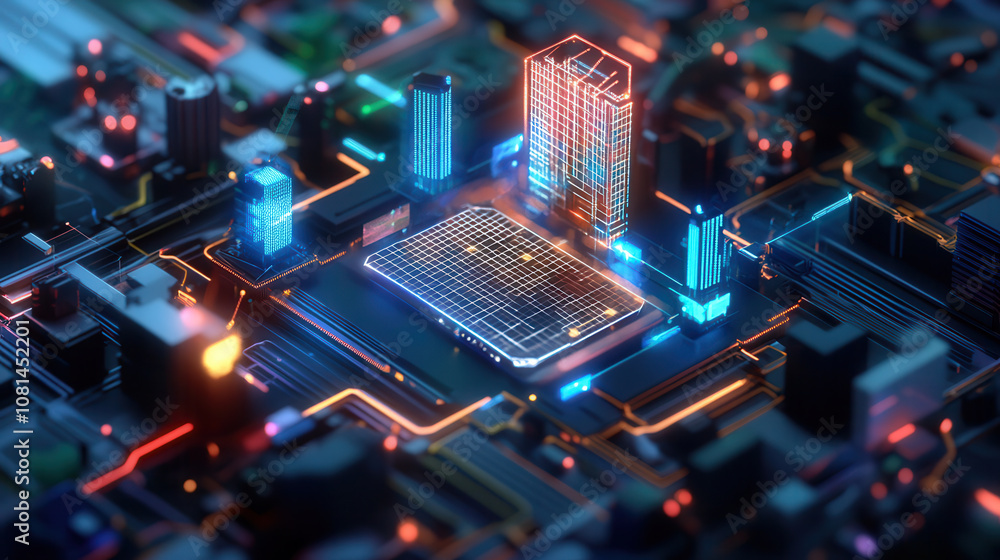 Futuristic cityscape with glowing buildings and circuit patterns, showcasing vibrant urban environment. intricate design highlights technology and innovation Futuristic cityscape with glowing buildings and circuit patterns, showcasing vibrant urban environment. intricate design highlights technology and innovation