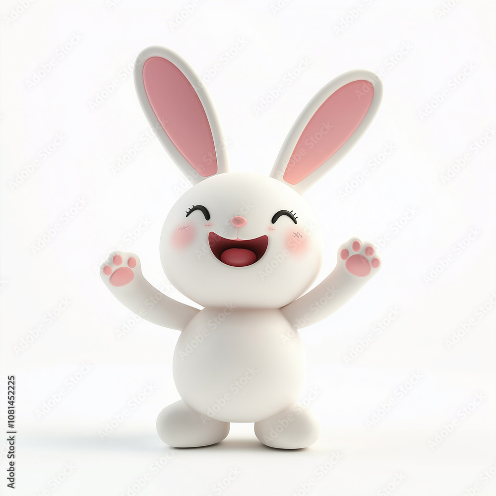 Obraz premium Happy cartoon rabbit character raising paws and smiling