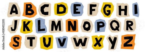 Paper cut out alphabet collection. Colorful capital letter collage piece set. Craft doodle kid font elements bundle for decoration, poster, banner, print. Ransom style uppercase abc pack. Vector 