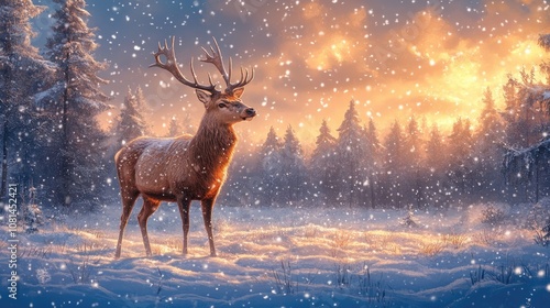 A majestic deer stands in a snowy forest during a winter sunset.