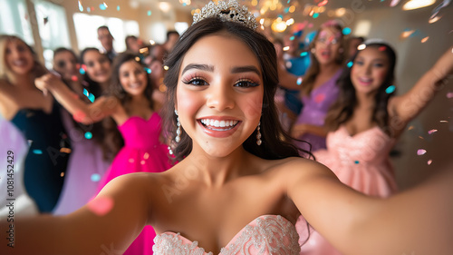 Quinceanera girl taking selfie with friends throwing confetti at party