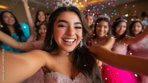Quinceañera girl taking selfie with friends throwing confetti at party