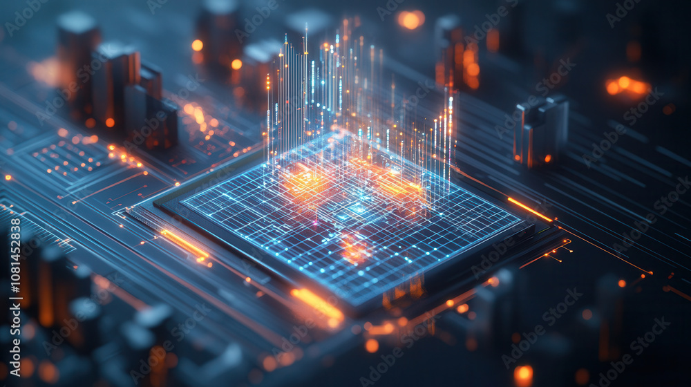 Digital circuit board with glowing data streams and futuristic elements, showcasing technology and innovation in vibrant, high tech environment Digital circuit board with glowing data streams and futuristic elements, showcasing technology and innovation in vibrant, high tech environment