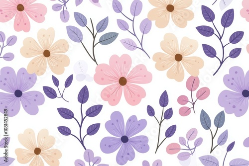 Wallpaper Mural A colorful floral pattern with purple flowers and green leaves Torontodigital.ca